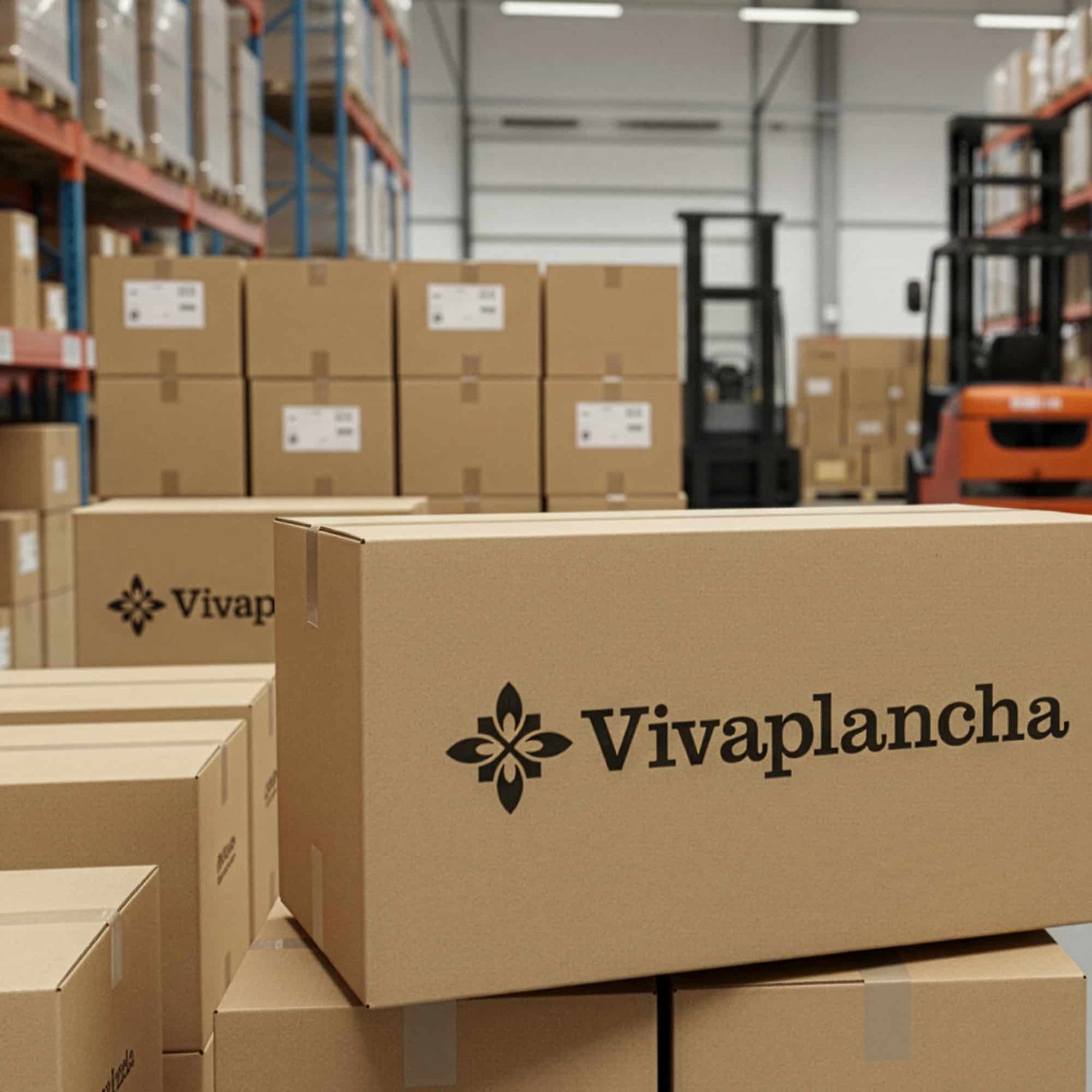 Cajas de envío Vivaplancha apiladas en un almacén logístico, con el logotipo impreso en los embalajes y palés de almacenamiento al fondo.