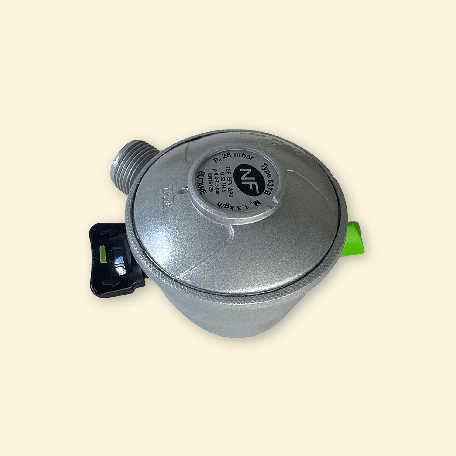 Détendeur butane 28 mbar en métal avec sécurité intégrée, vue de dessus.