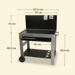 Carro auxiliar Vivaplancha de madera con respaldo de 101,5 cm, bandeja de 90 cm y altura de 80,5 cm, equipado con espacios para accesorios.