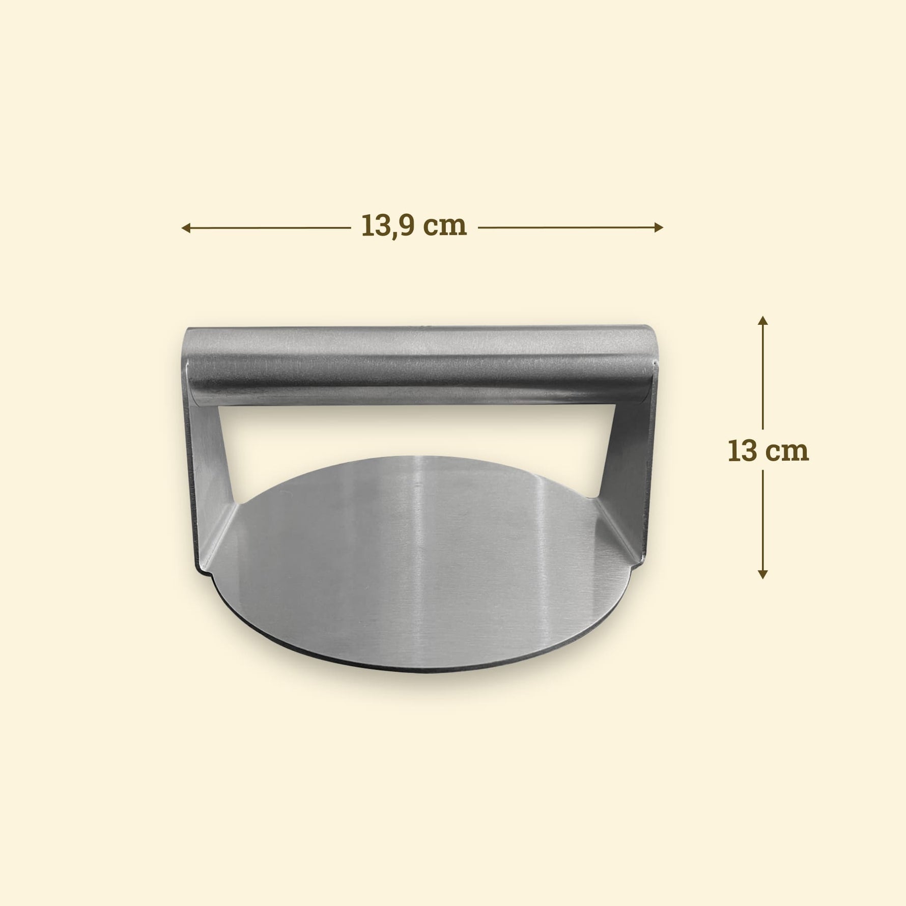 Prensa para smash burger de acero inoxidable de 13,9 cm de ancho y 13 cm de alto, con asa tubular resistente.