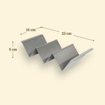 Soporte para tacos de acero inoxidable de 23 cm con tres espacios, ancho de 10 cm y altura de 5 cm.