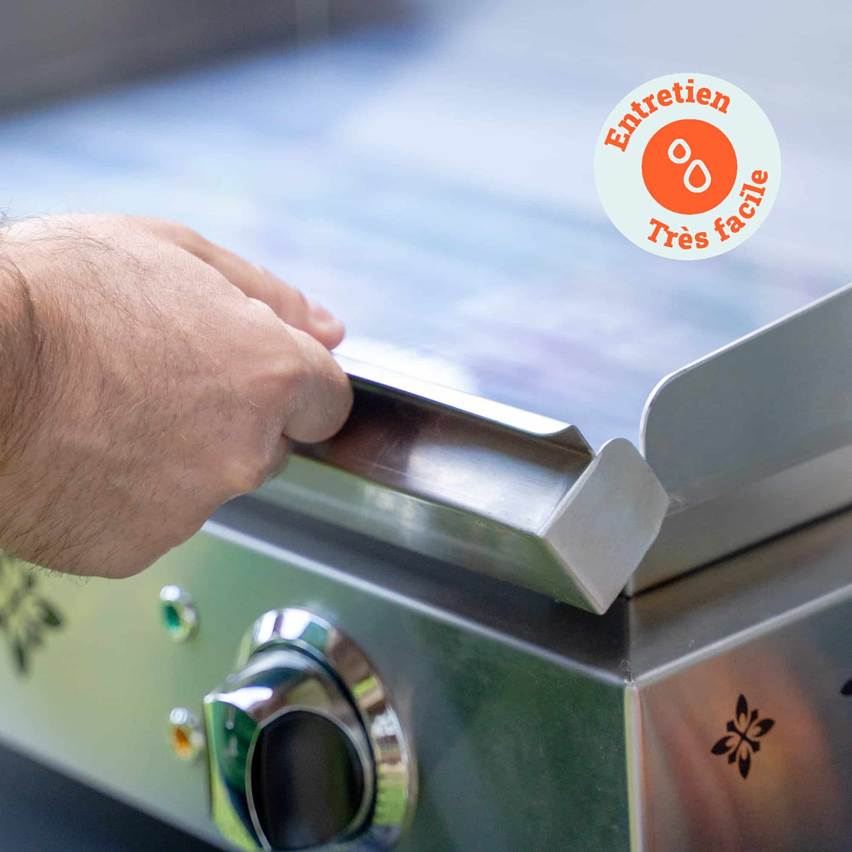 Mano retirando la placa de la plancha Vivaplancha para la limpieza, con una insignia “Mantenimiento muy fácil” mostrada en la parte superior derecha.