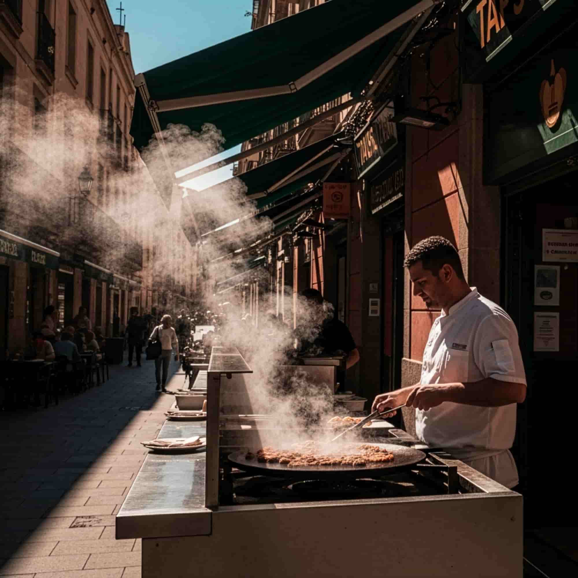 Escena de cocina callejera con un chef cocinando en una plancha profesional al aire libre, en el corazón de una calle animada rodeada de restaurantes y terrazas.