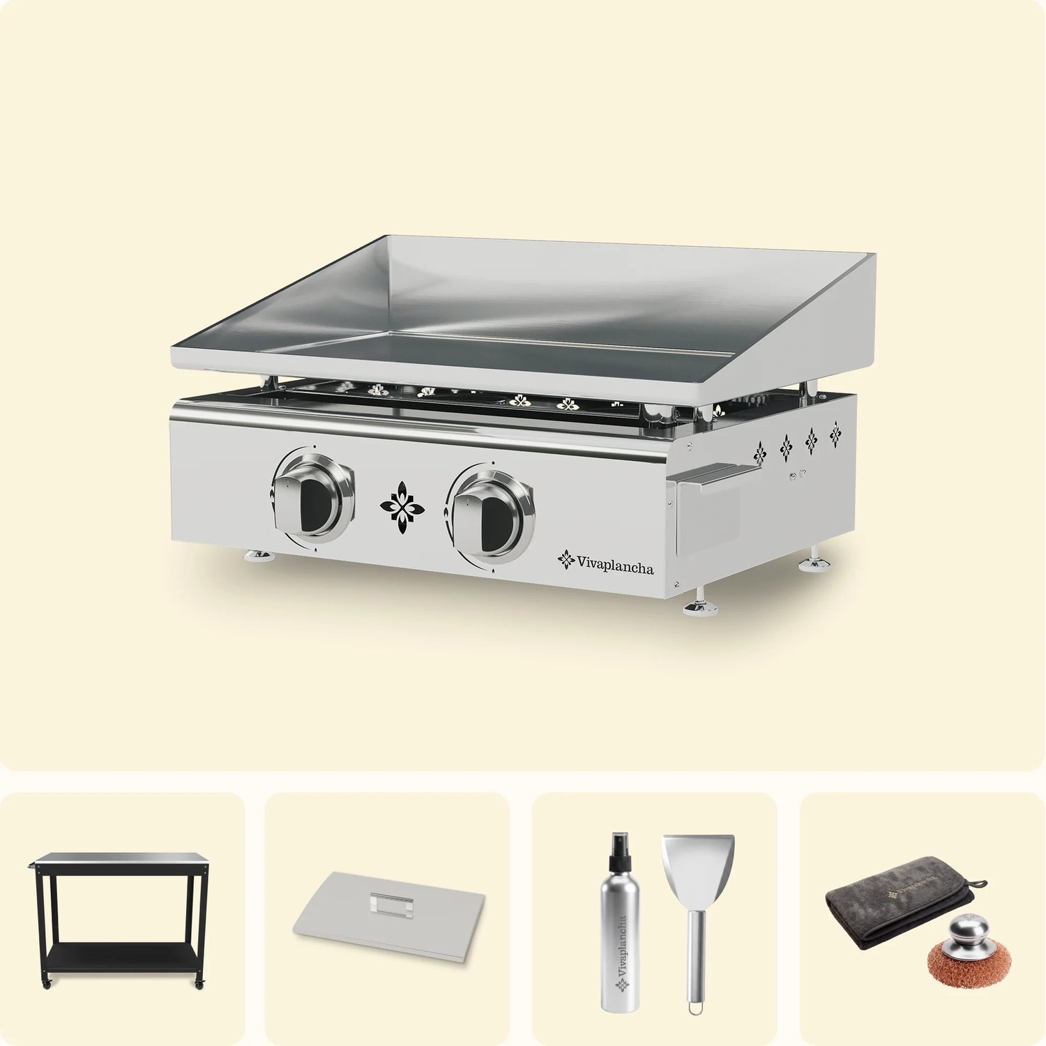Pack Plancha de gas de acero inoxidable FLAMENCO 2 quemadores + Tapa + Accesorios + Carro