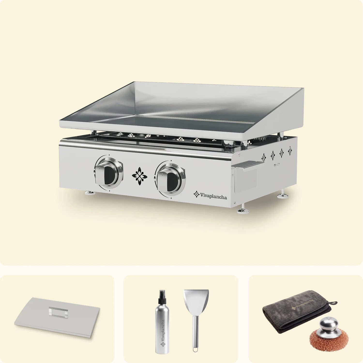 Pack Plancha de gas de acero inoxidable FLAMENCO 2 quemadores + Tapa + Accesorios
