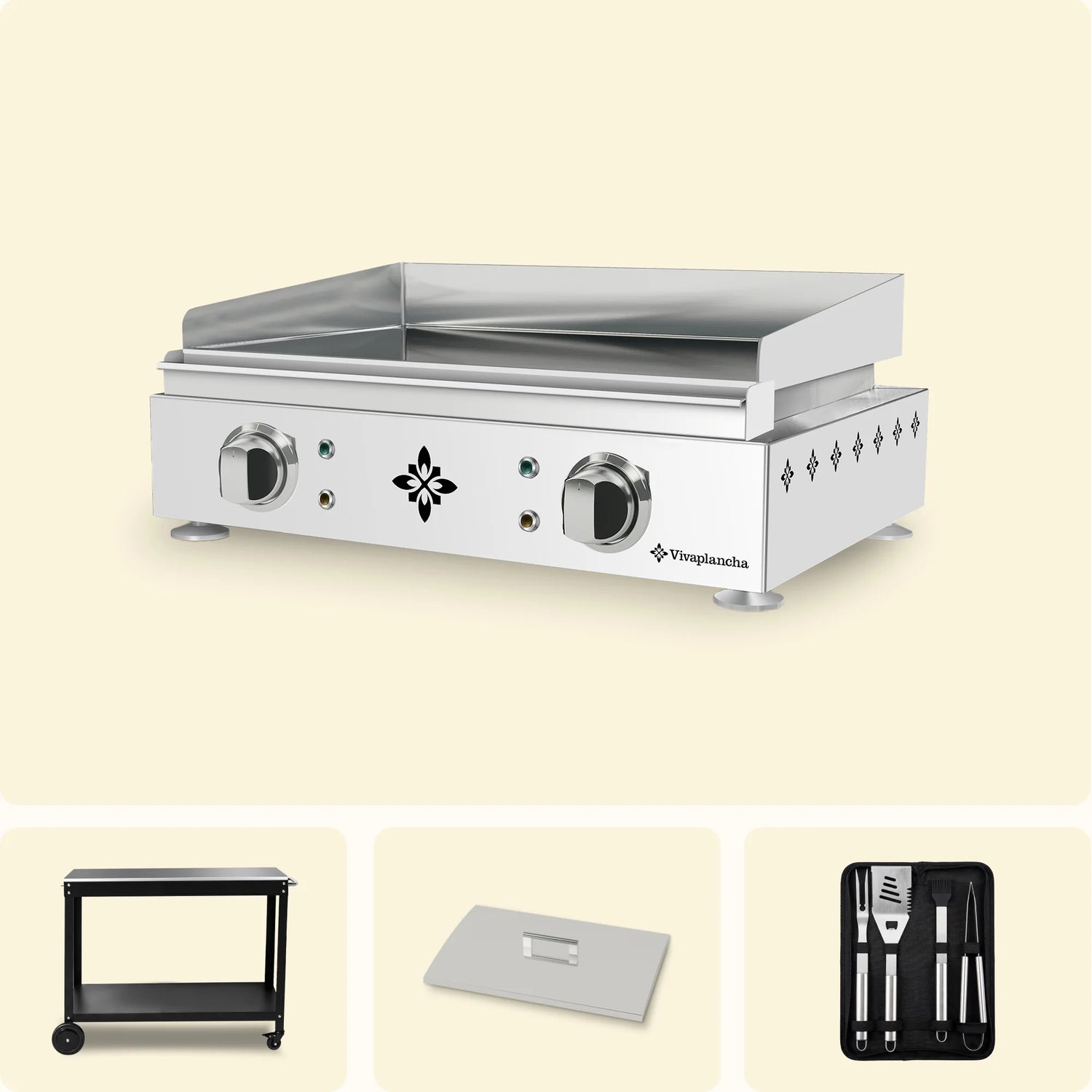 Plancha électrique Lima Vivaplancha en inox avec rebords releveurs et boutons de réglage, accompagnée de ses accessoires : desserte, couvercle de protection et coffret d'ustensiles.