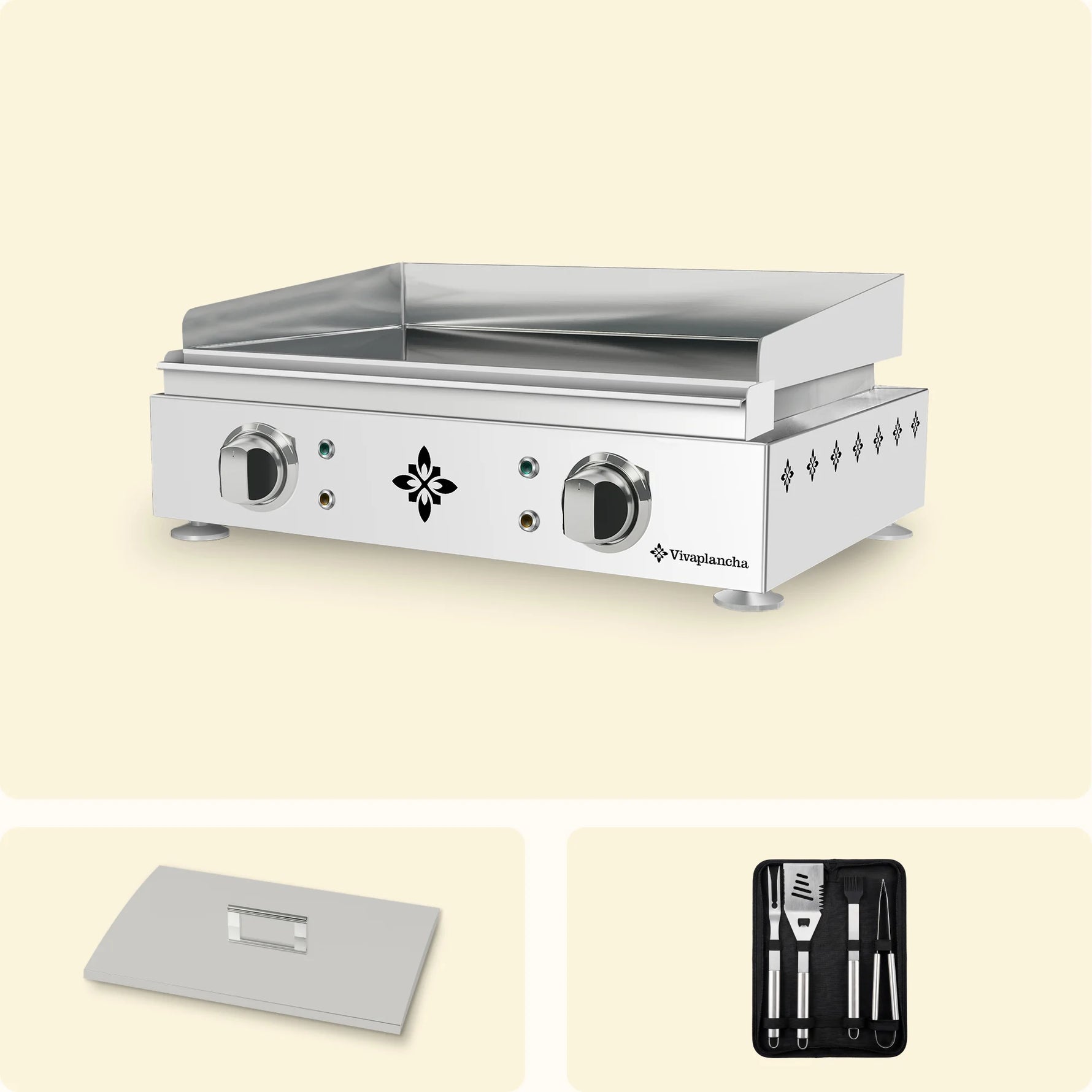 Plancha gaz inox 2 brûleurs vivaplancha avec crédence, présentée avec couvercle inox et kit d’ustensiles.