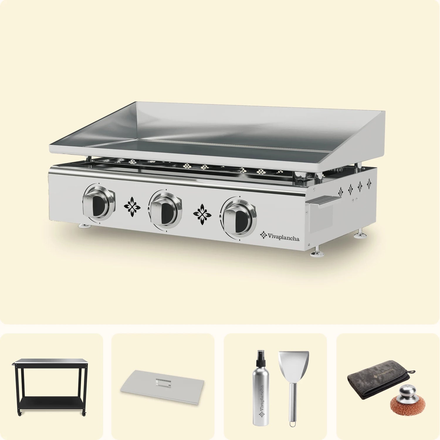 Pack Plancha de gas de acero inoxidable PIMIENTOS 3 quemadores + Tapa + Accesorios + Carro