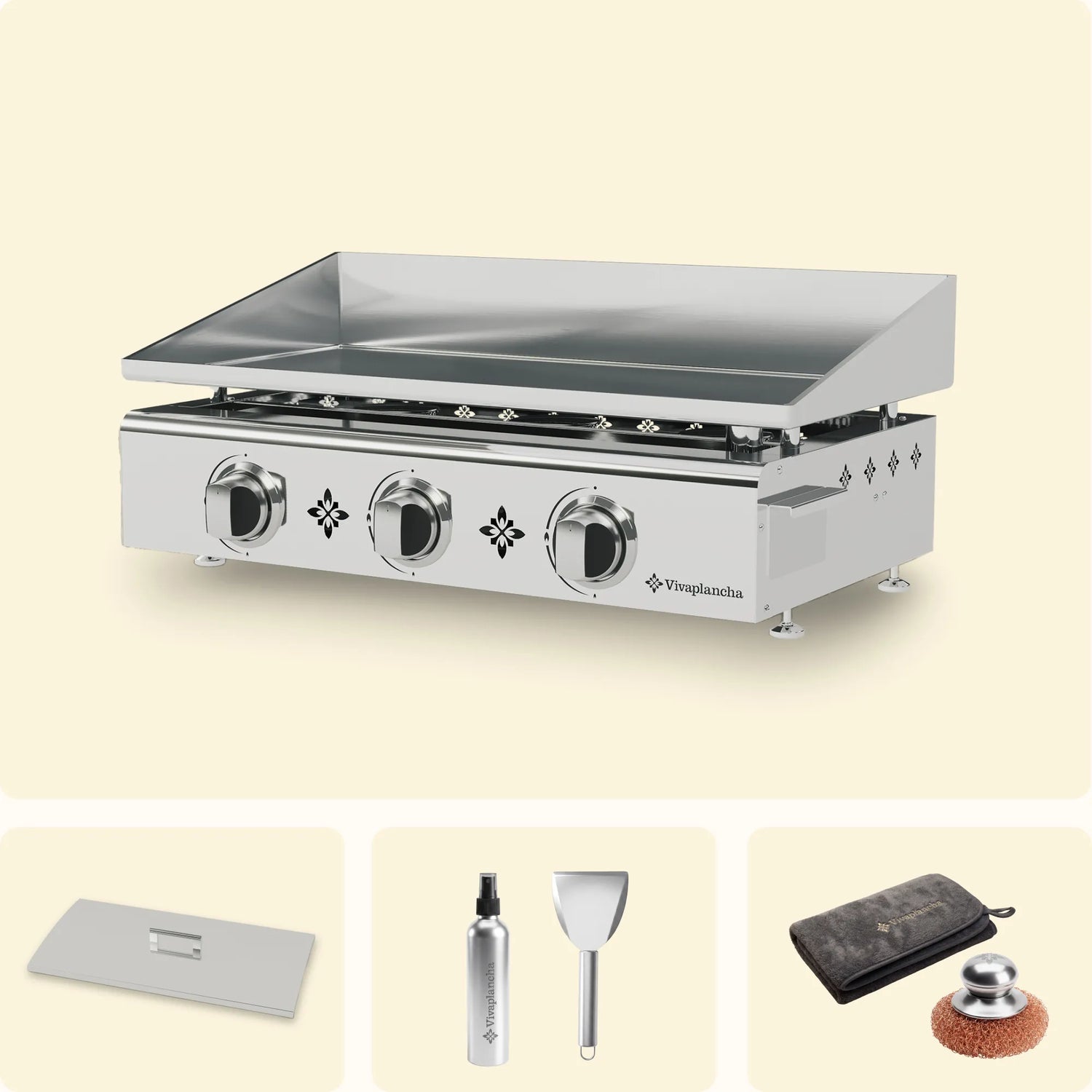 Pack Plancha de gas de acero inoxidable PIMIENTOS 3 quemadores + Tapa + Accesorios